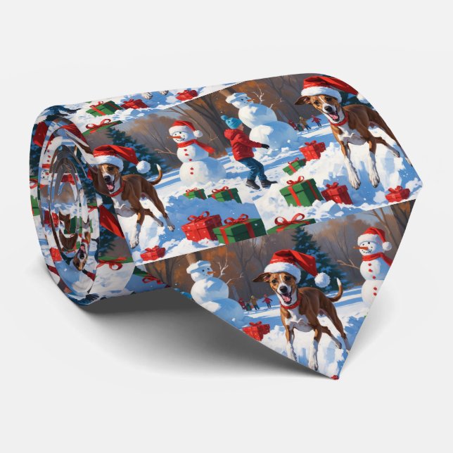 Greyhound Running in Snow with Christmas Hat Tie (Rolled)