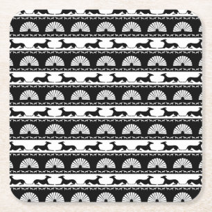 Greyhound Silhouettes Black White Art Deco Fan Square Paper Coaster