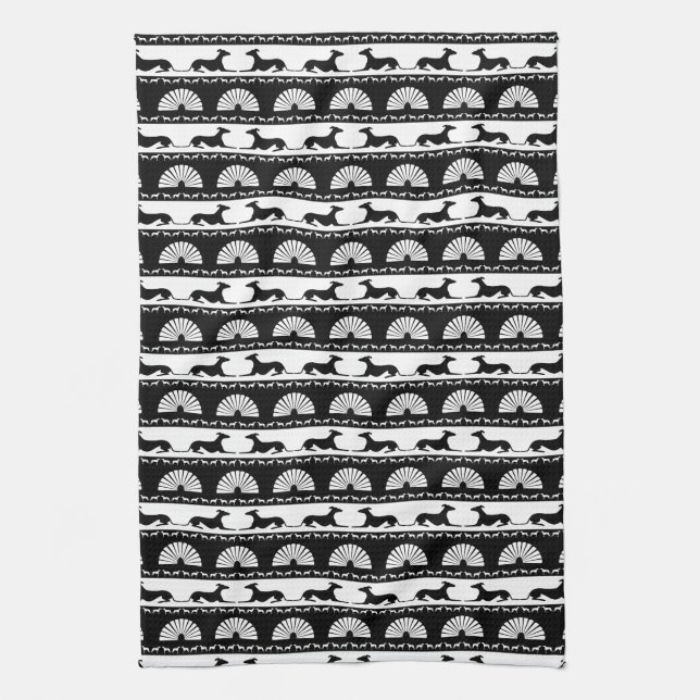 Greyhound Silhouettes Black White Art Deco Fan Tea Towel (Vertical)
