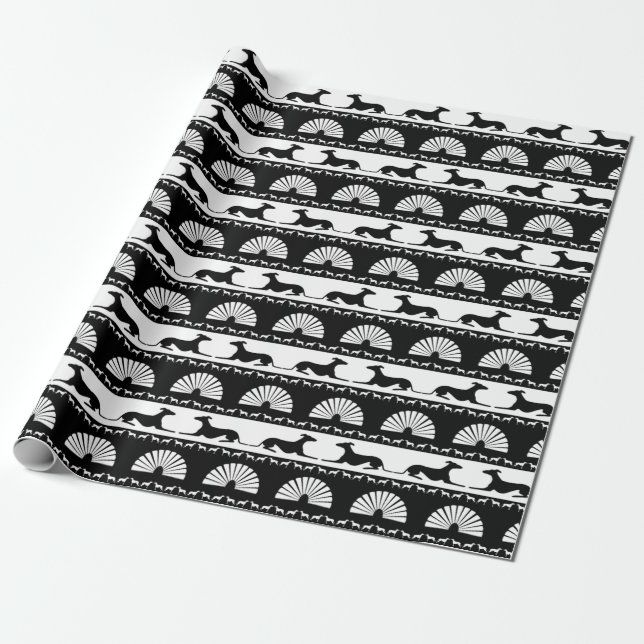 Greyhound Silhouettes Black White Art Deco Fan Wrapping Paper (Unrolled)