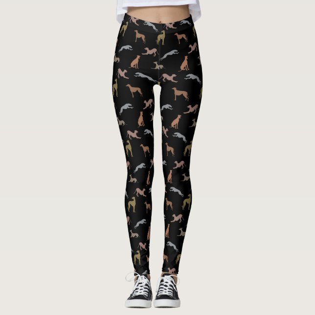 Greyhound Silhouettes Metallic Shades on Black Leggings (Front)