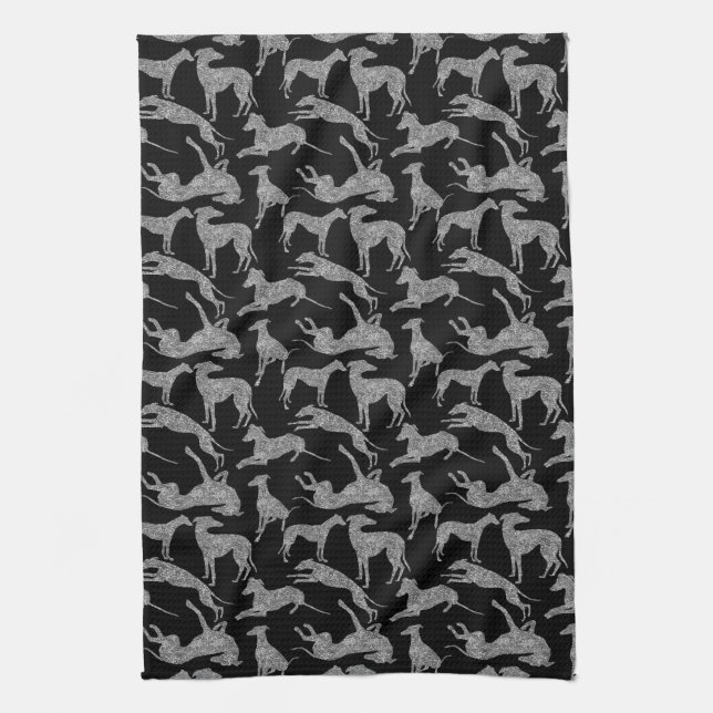 Greyhound Silhouettes Silver Faux Glitter Tea Towel (Vertical)