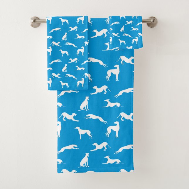 Greyhound Silhouettes White on Blue Bath Towel Set (Insitu)