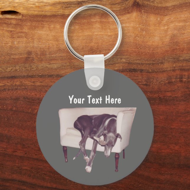 Greyhound Sleeping In Chair Personalised Key Ring (Front)