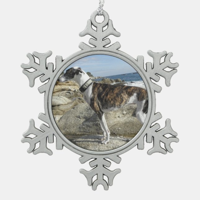 Greyhound Snowflake Pewter Christmas Ornament (Front)