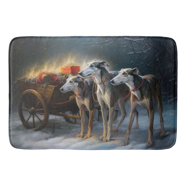 Greyhound Snowy Sleigh Christmas Decor Bath Mat (Front)