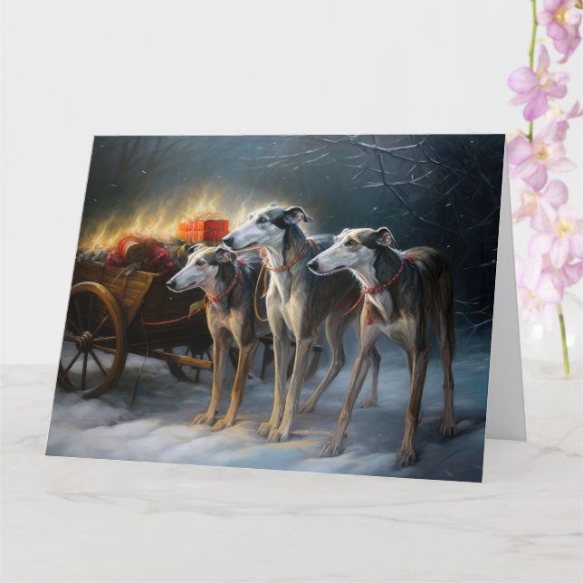 Greyhound Snowy Sleigh Christmas Decor Card (Orchid)