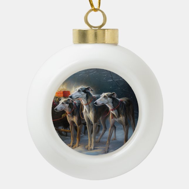Greyhound Snowy Sleigh Christmas Decor Ceramic Ball Christmas Ornament (Front)