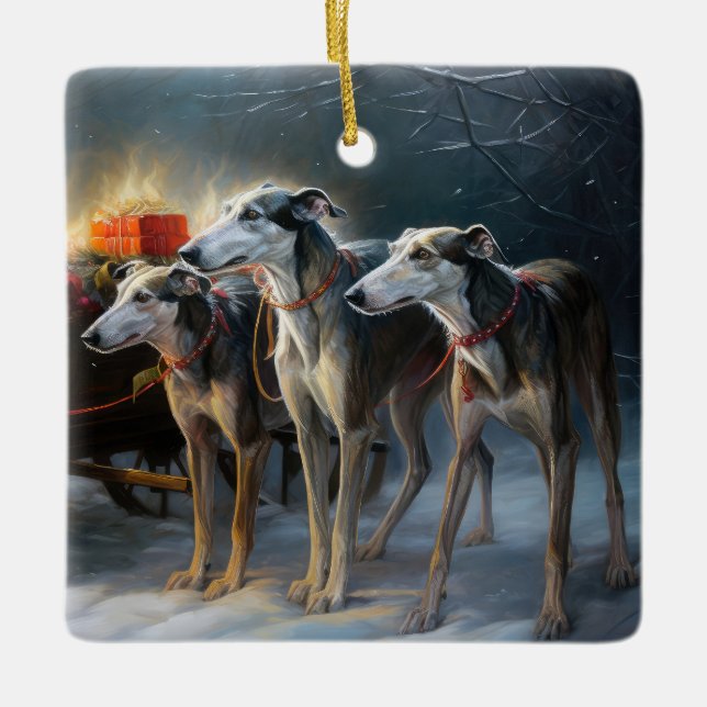 Greyhound Snowy Sleigh Christmas Decor Ceramic Ornament (Front)