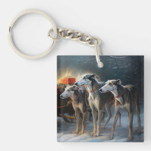 Greyhound Snowy Sleigh Christmas Decor Key Ring