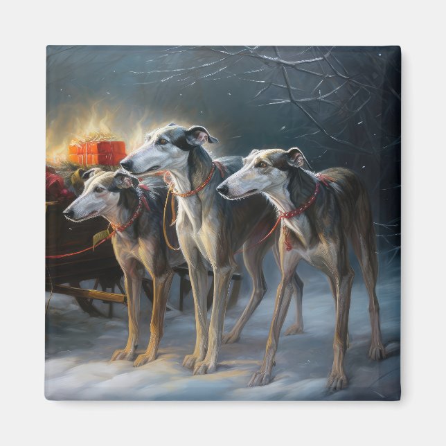 Greyhound Snowy Sleigh Christmas Decor Magnet (Front)