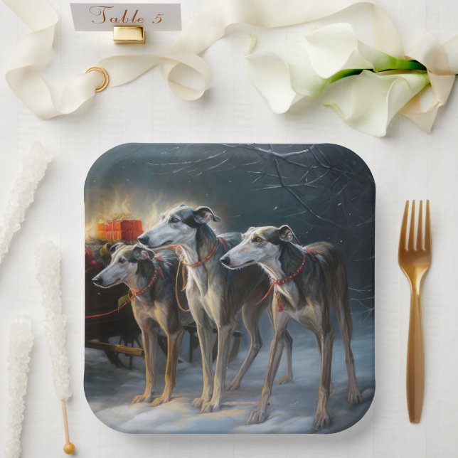 Greyhound Snowy Sleigh Christmas Decor Paper Plate (Wedding)