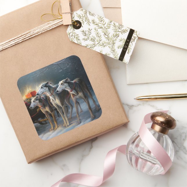 Greyhound Snowy Sleigh Christmas Decor Square Sticker (Gifting)