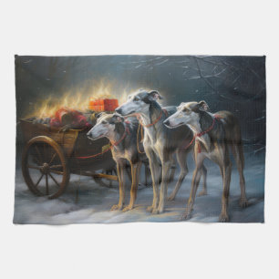 Greyhound Snowy Sleigh Christmas Decor Tea Towel