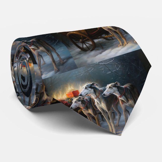 Greyhound Snowy Sleigh Christmas Decor Tie (Rolled)