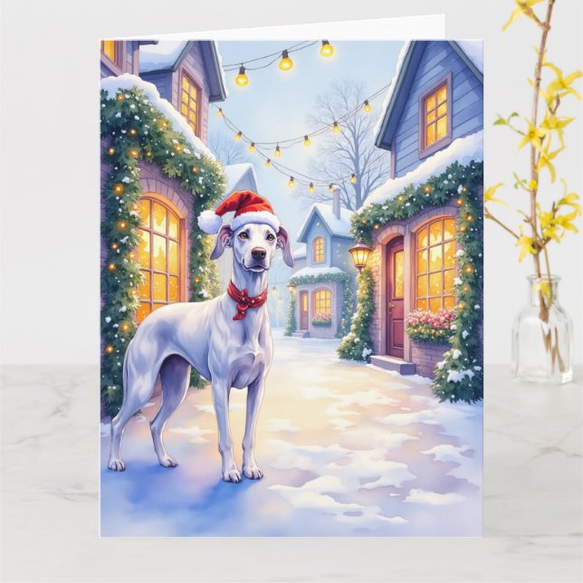 Greyhound Snowy Village Santa Hat Christmas Art Card (Yellow Flower)