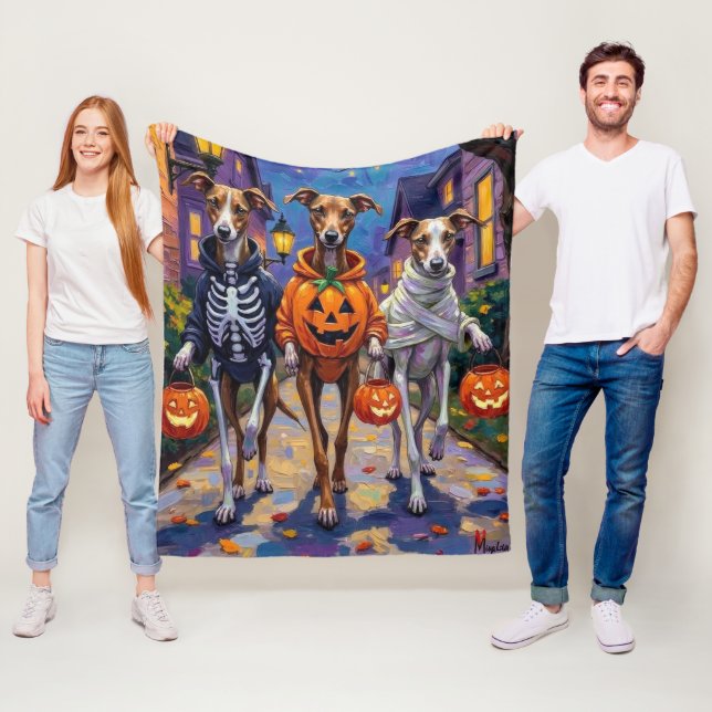 Greyhound Trick-or-Treating in Halloween Costumes Fleece Blanket (In Situ)