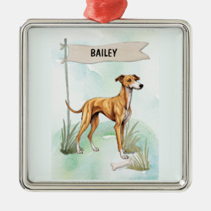  Greyhound Watercolor Personalised Dog Metal Tree Decoration