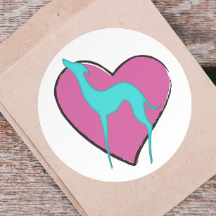 Greyhound whippet silhouette and cute pink heart classic round sticker