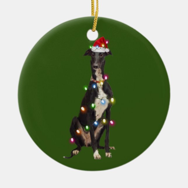 Greyhound With Christmas Scafts Santa Hat Ceramic Tree Decoration (Front)