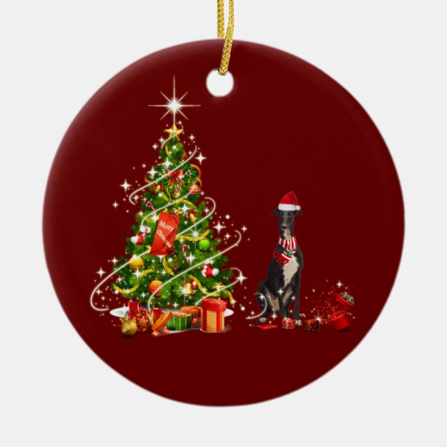 greyhound With Hat Scaft Christmas Ceramic Tree Decoration (Front)