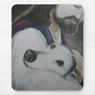 Greyhound with Jesus Dog Art Mouse Pad