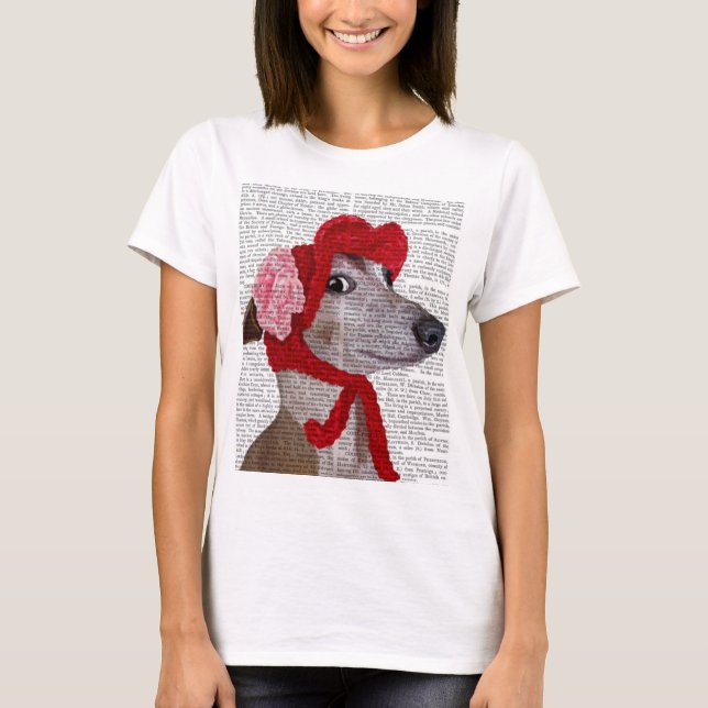 Greyhound with Red Woolly Hat 2 T-Shirt (Front)
