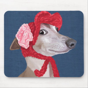 Greyhound with Red Woolly Hat Mouse Mat