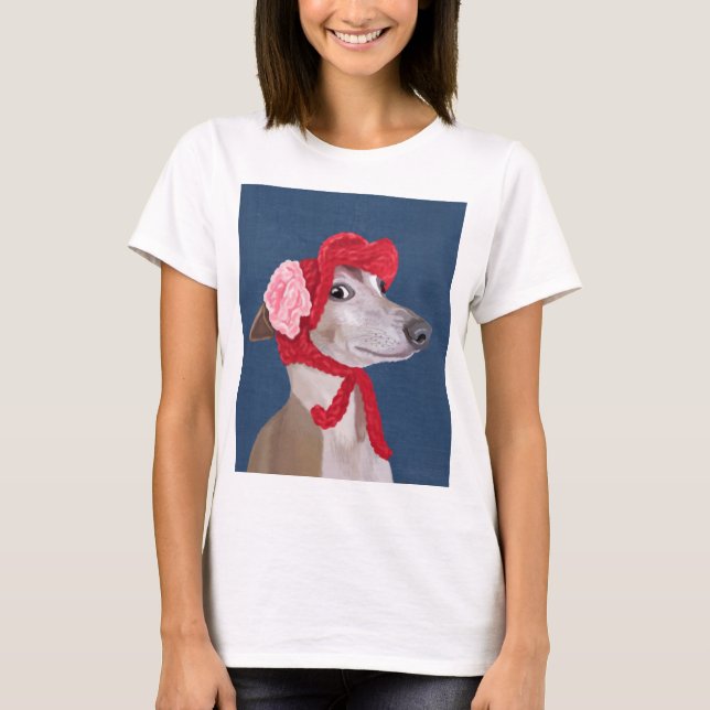 Greyhound with Red Woolly Hat T-Shirt (Front)