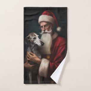 Greyhound With Santa Claus Festive Christmas Bath Towel Set