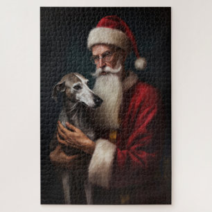 Greyhound With Santa Claus Festive Christmas Jigsaw Puzzle