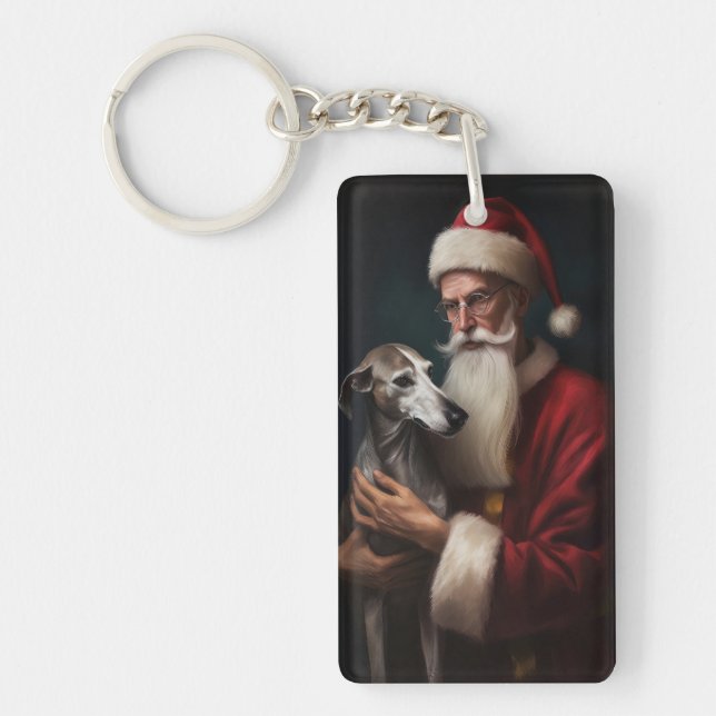 Greyhound With Santa Claus Festive Christmas Key Ring (Front)