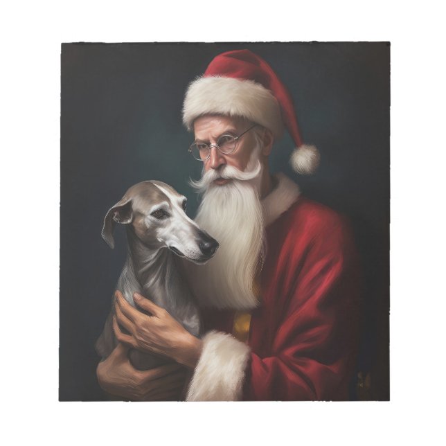 Greyhound With Santa Claus Festive Christmas Notepad (Front)