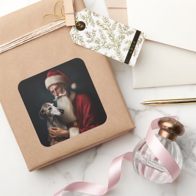 Greyhound With Santa Claus Festive Christmas Square Sticker (Gifting)