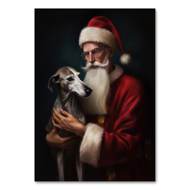 Greyhound With Santa Claus Festive Christmas Table Number (Front)
