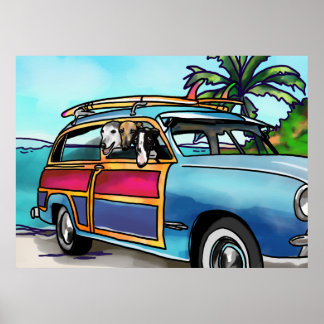 Greyhounds in a Woody at Beach Poster