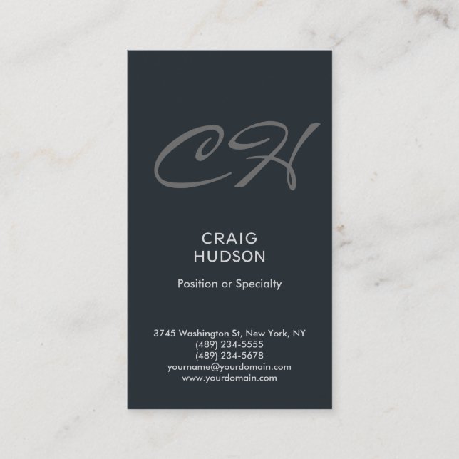 Greyish Blue Monogram Professional Business Card (Front)