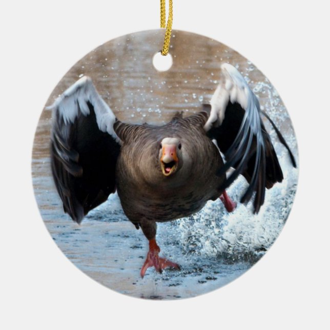 Greylag Goose on the Chase Ceramic Tree Decoration (Front)