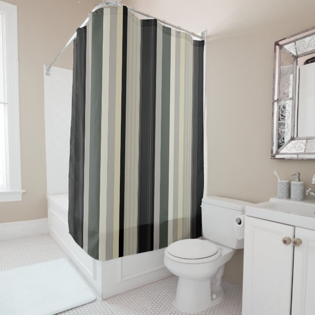 Greys and greens stripes shower curtain (In Situ)