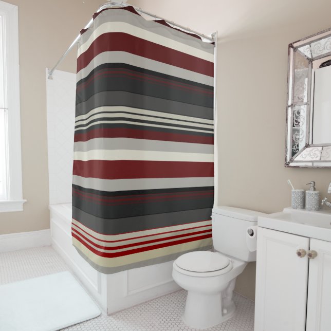 Greys and reds stripes throw pillow shower curtain (In Situ)