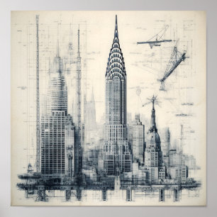 Greyscale Building Blueprint Poster