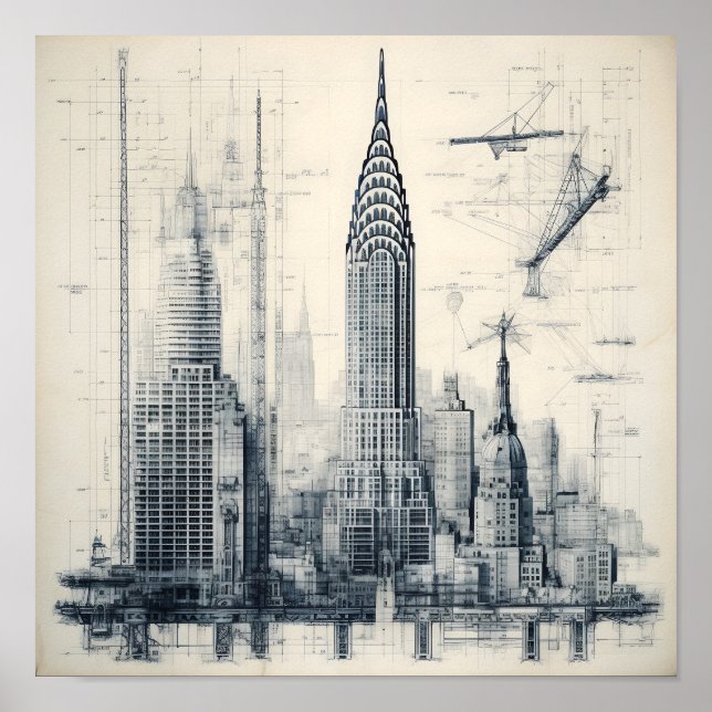 Greyscale Building Blueprint Poster (Front)