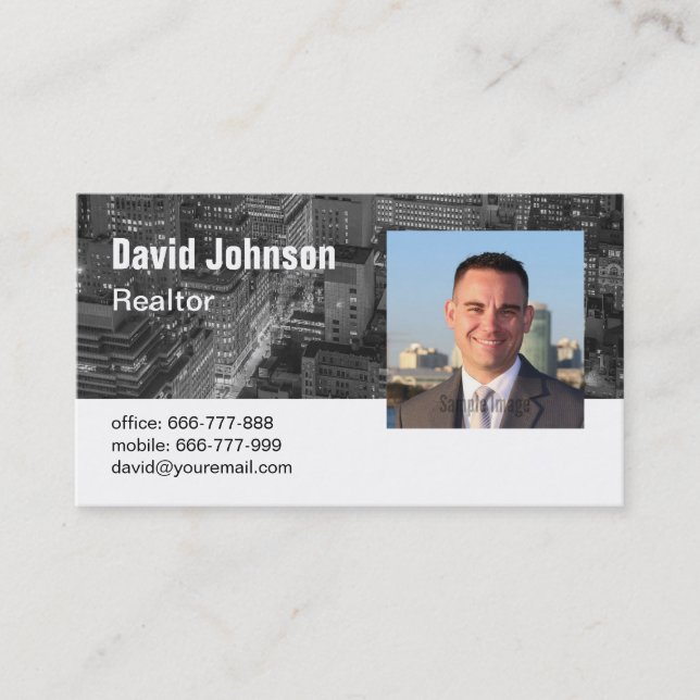 Greyscale City Backdrop Real Estate Realtor Photo Business Card (Front)