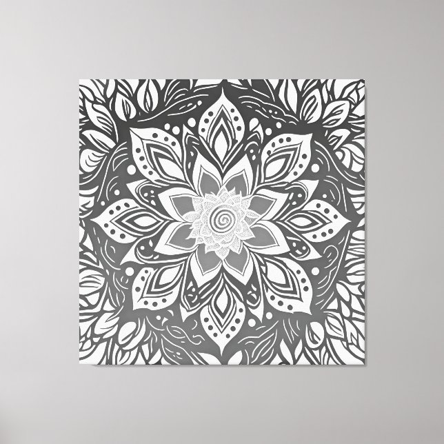 Greyscale Mandala Flower in Black and white Canvas Print (Front)