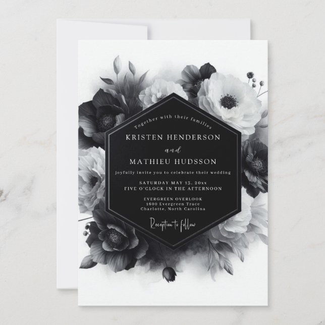 Greyscale Moody Anemone Wedding Invitation (Front)