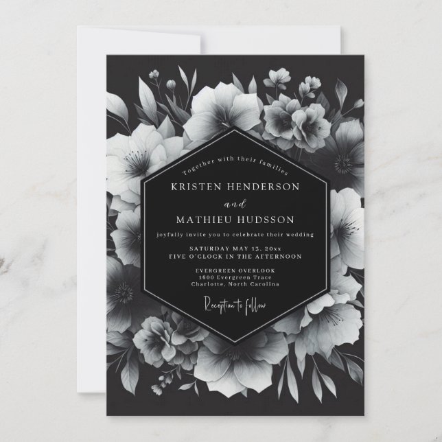 Greyscale Nocturne Bloom Wedding Invitation (Front)