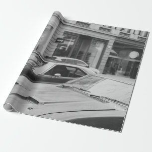 GREYSCALE PHOTOGRAPHY OF CARS ON ROAD BESIDE BUILD WRAPPING PAPER