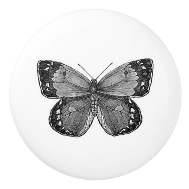 Greyscale Vintage Butterfly Ceramic Knob (Front)