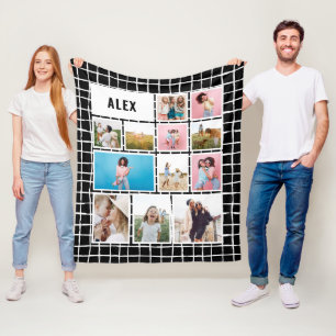 Grid black white 12 photo modern minimal abstract  fleece blanket