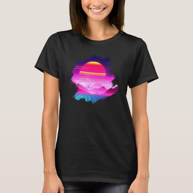 Grid Mountains Sunset Over Canyon Synthwave Landsc T-Shirt (Front)